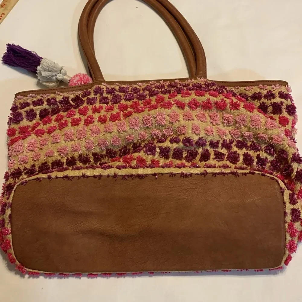 Steven by Steve Madden multicolor large tote canvas like material/straw pompoms